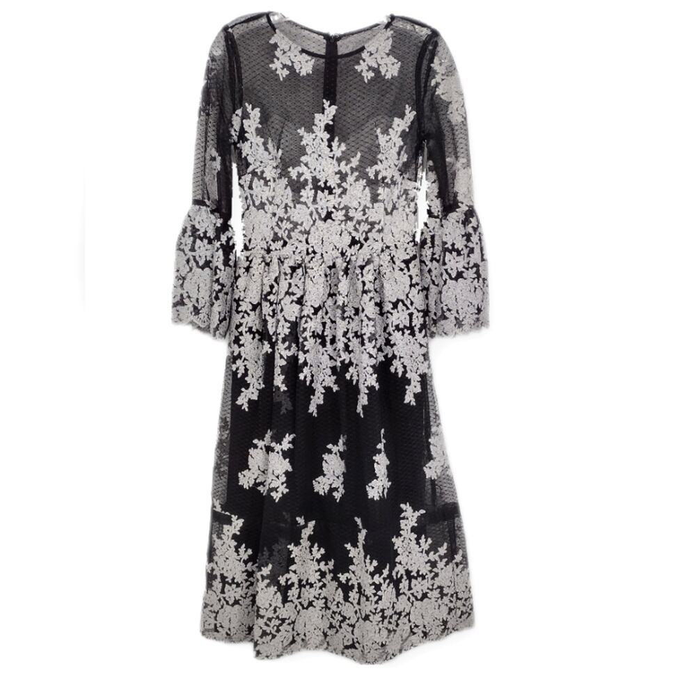 Nicole Miller Black Silver Embroidered Floral Modest Holiday Midi Dress Small